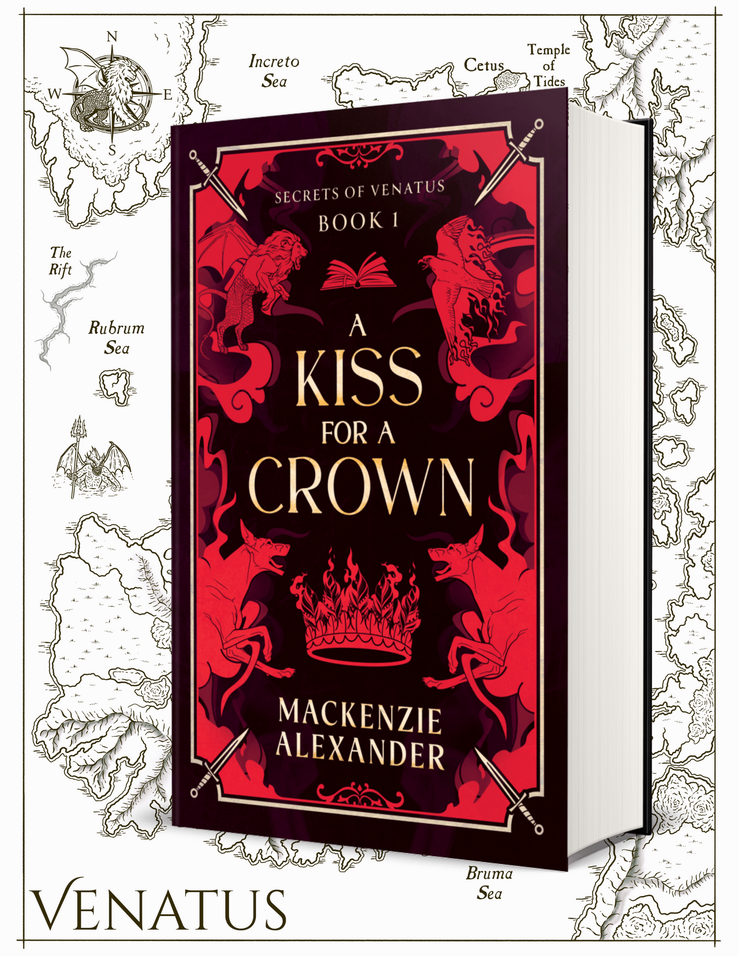 Book cover of 'A Kiss for a Crown' by Mackenzie Alexander with decorative map background